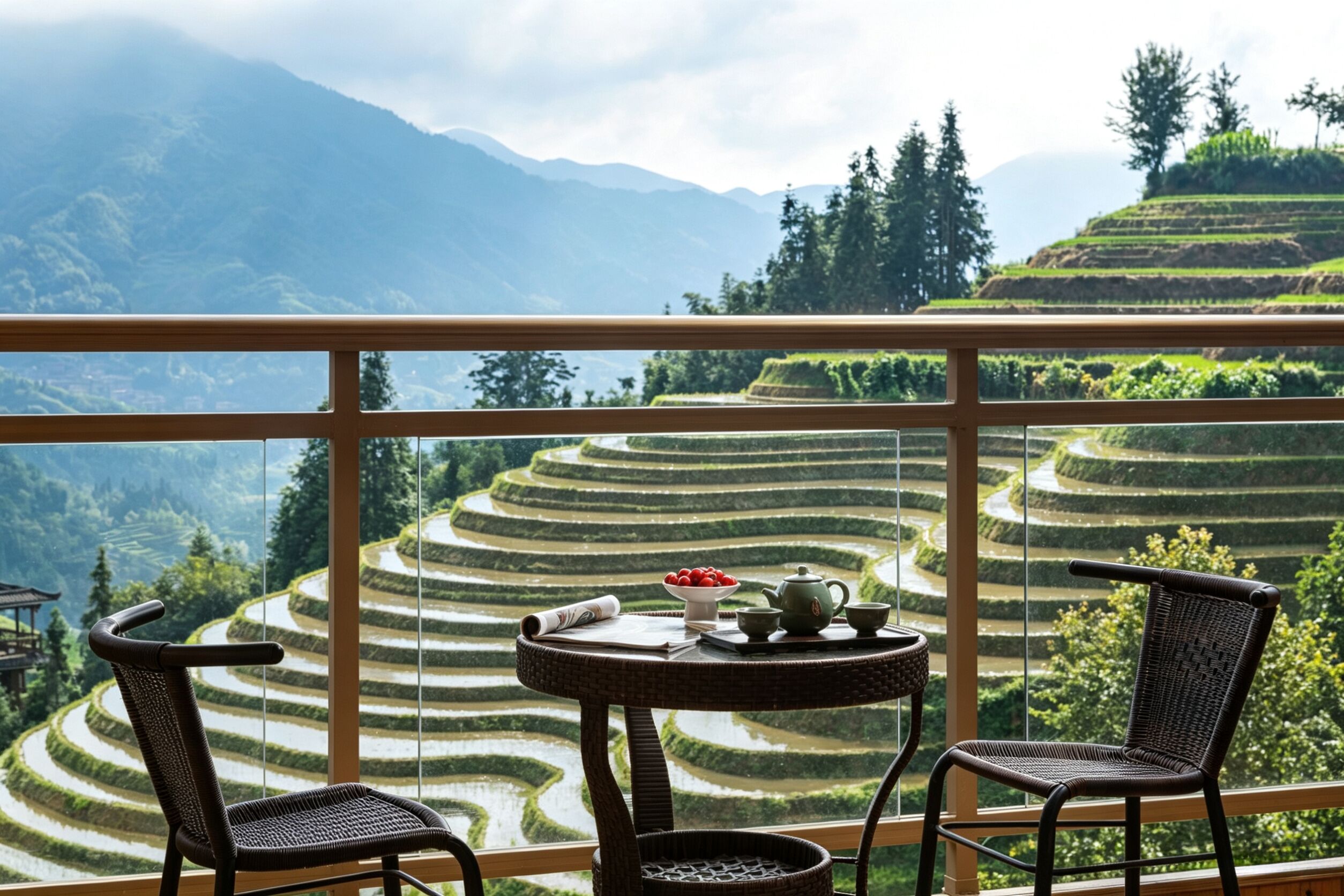 A balcony with wicker chairs, a small round table, and a view of terraced rice fields.