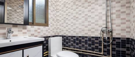 A bathroom with a white toilet, a sink with a mirror above it, and a shower with a tiled wall.