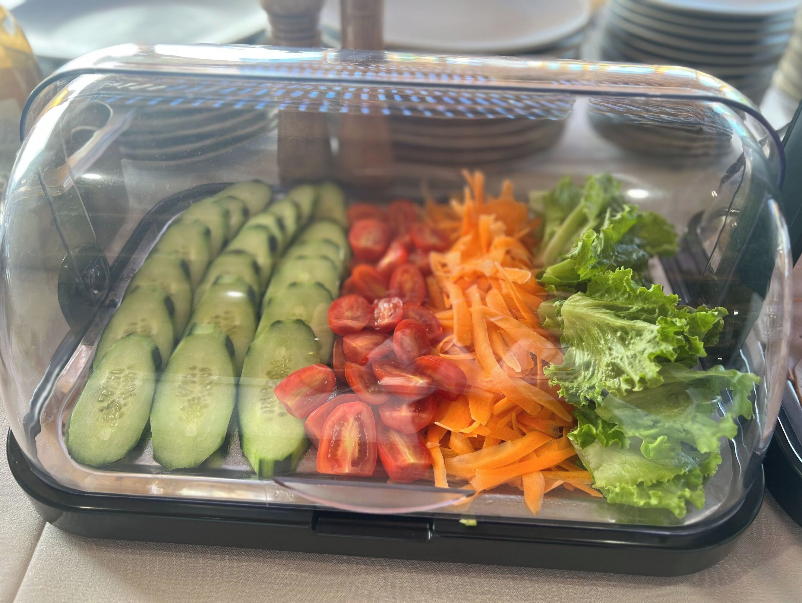 En madkasse med skiver agurker, tomater, gulerødder og salat.