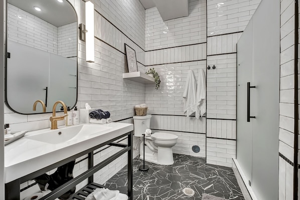 Shower, hair dryer, towels