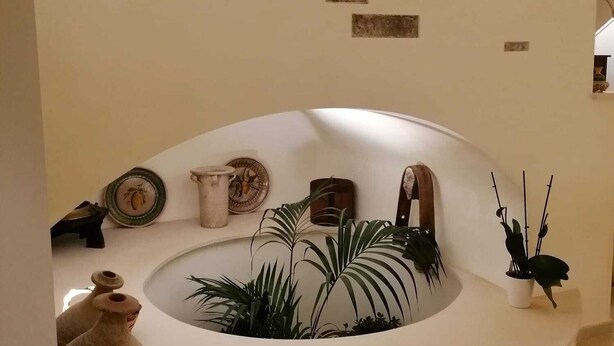 Un espacio de estar circular con una pared blanca, rodeado de plantas en macetas y objetos decorativos.