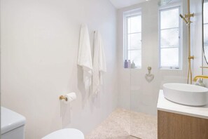 Shower, hair dryer, towels