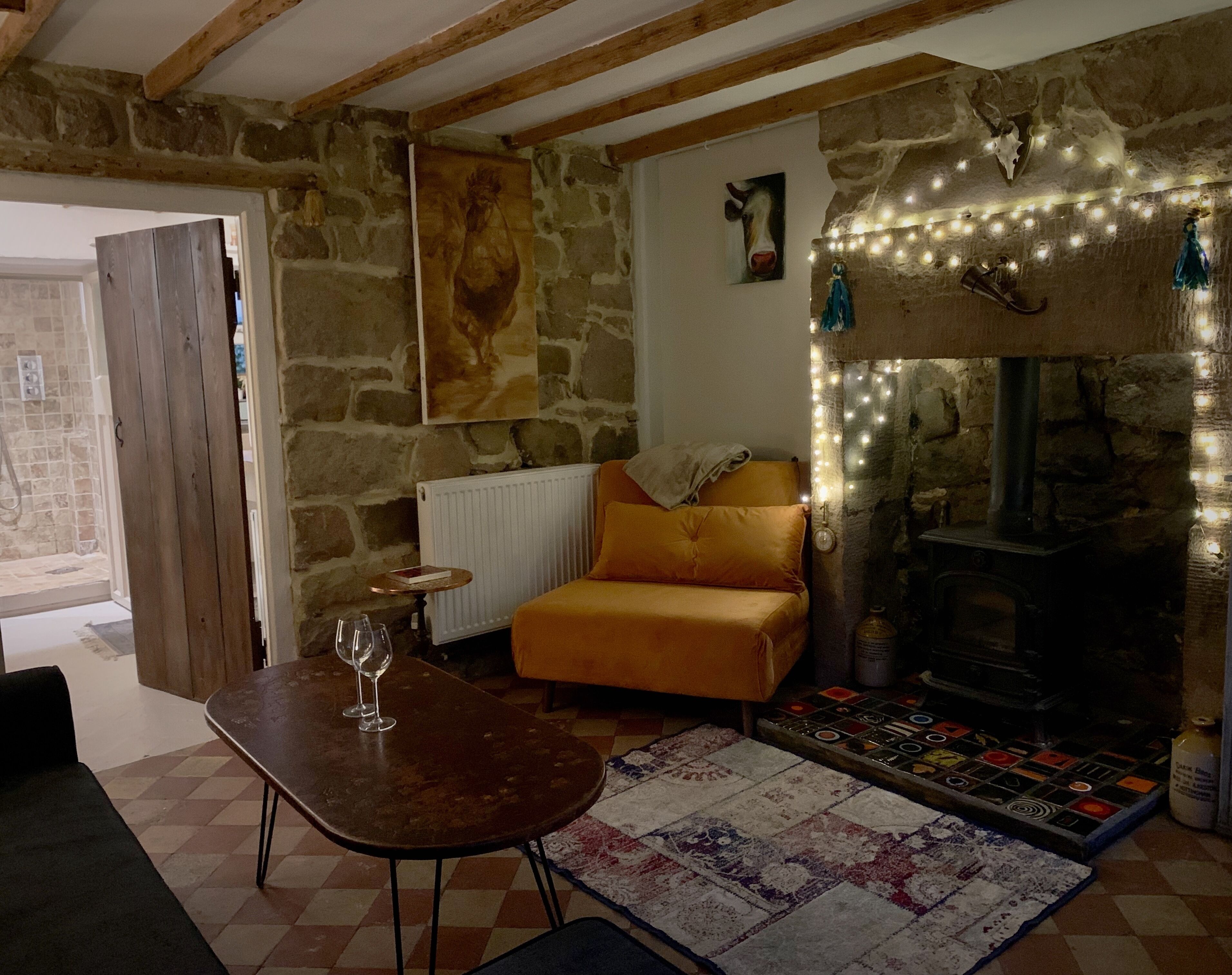Smart TV, fireplace, books