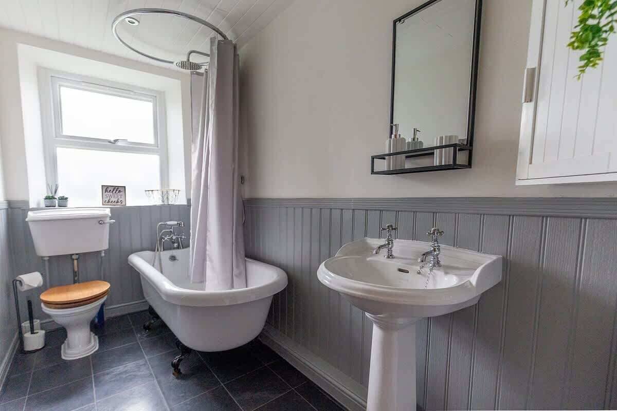 Shower, hair dryer, shampoo