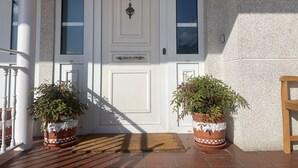 A white door with a decorative handle and two windows above it. There are two potted plants on either side of the door. - Trasgu House for 6 people in Infiesto (infiesto, piloña)