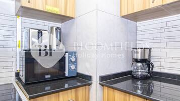 Fridge, microwave, oven, electric kettle
