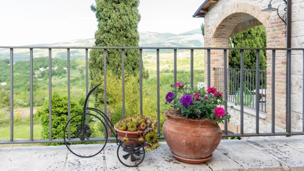 A balcony with a wrought iron railing, potted plants, and a view of a mountainous landscape.