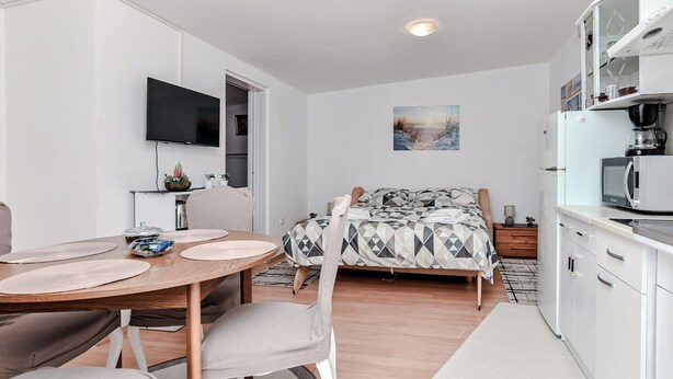 A modern, well-lit room with a wooden dining table, a bed with patterned bedding, a TV mounted on the wall, and a kitchenette with a microwave. - Apartments Ladika (Vir)