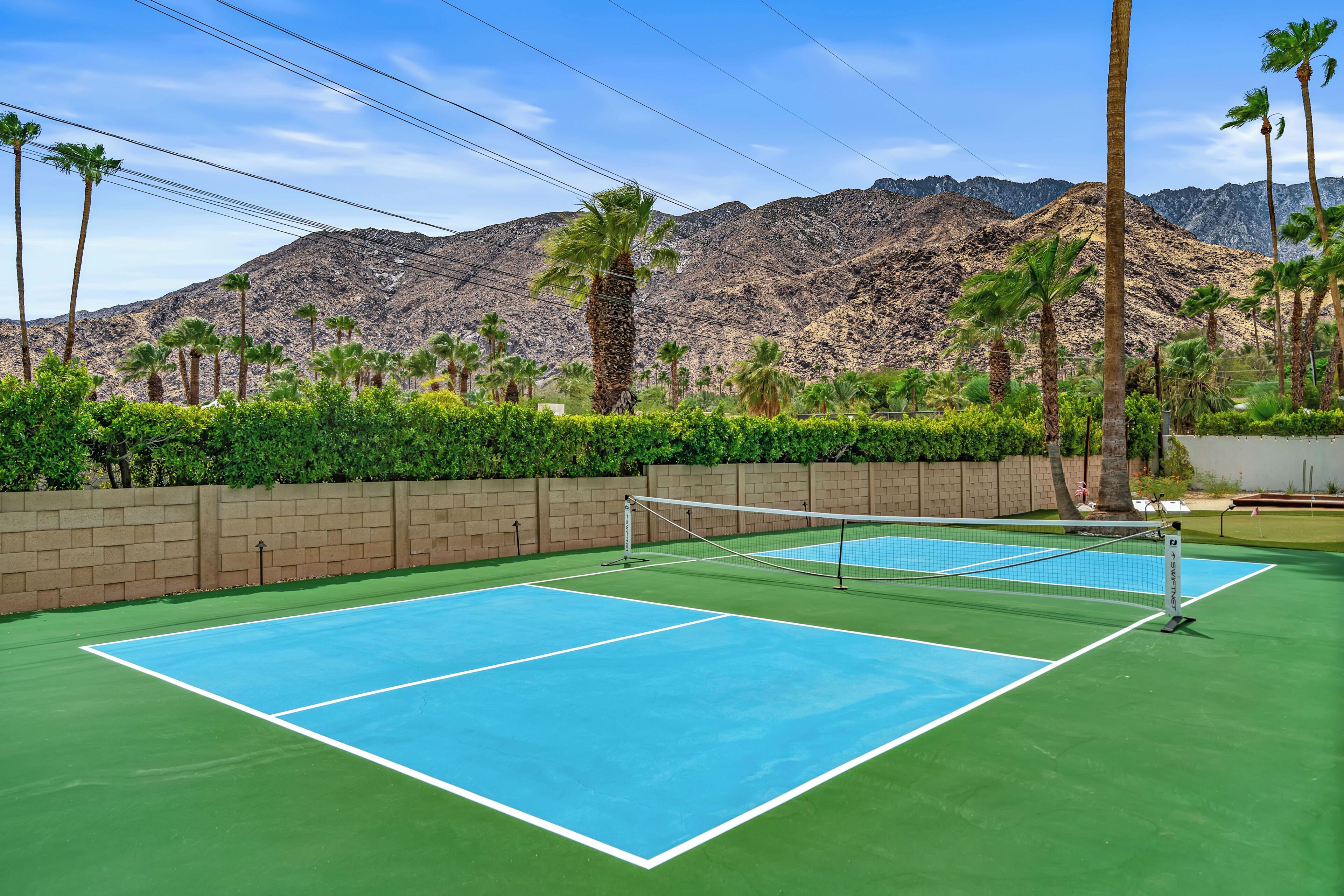 An outdoor tennis court with a net, surrounded by palm trees and a mountain backdrop.