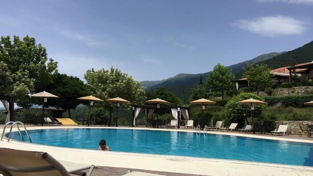 Une piscine entourée d’arbres et de montagnes, avec des chaises longues et des parasols.