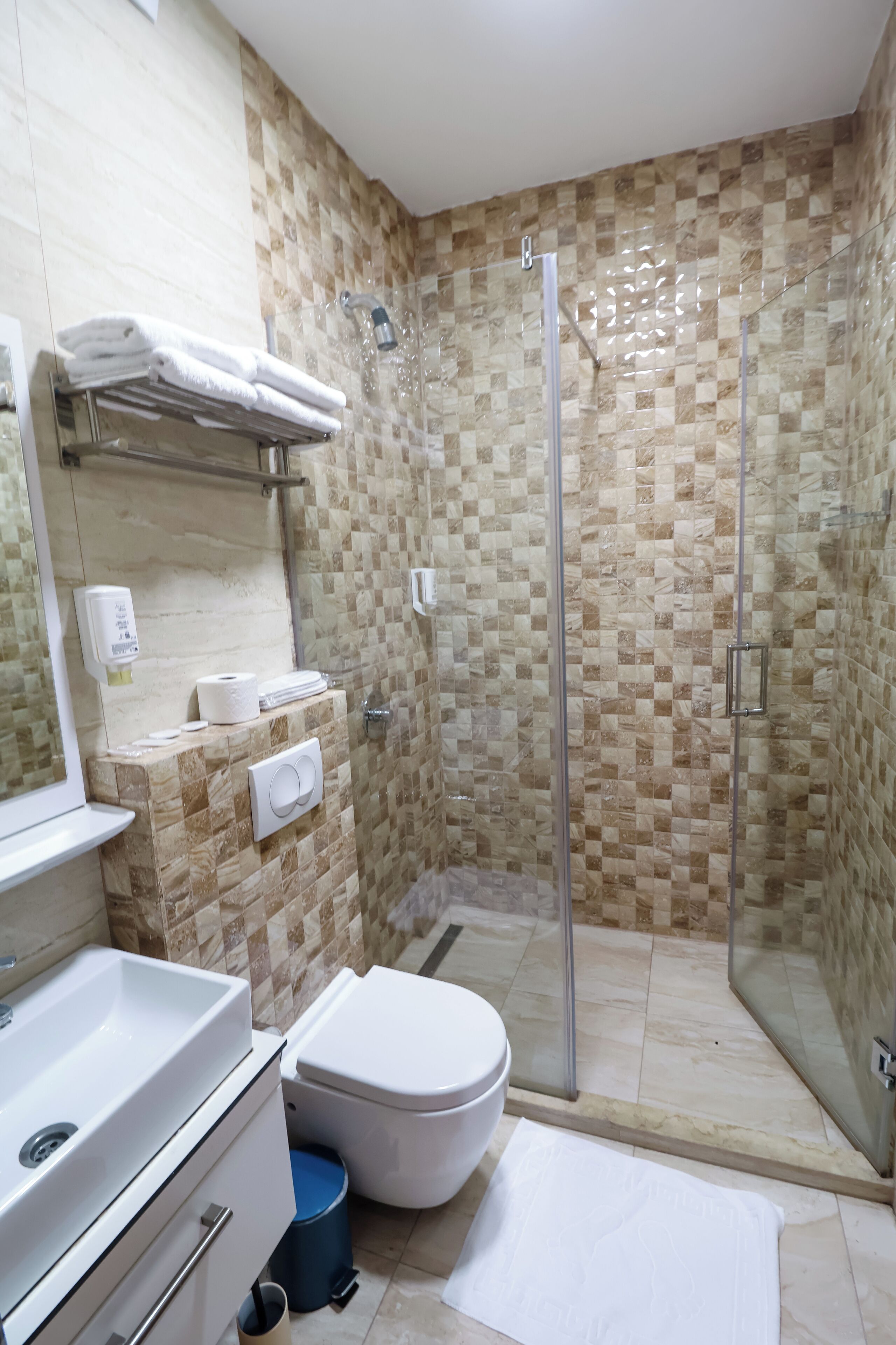 A bathroom with a glass-enclosed shower, a white sink, a toilet, and a mirror.