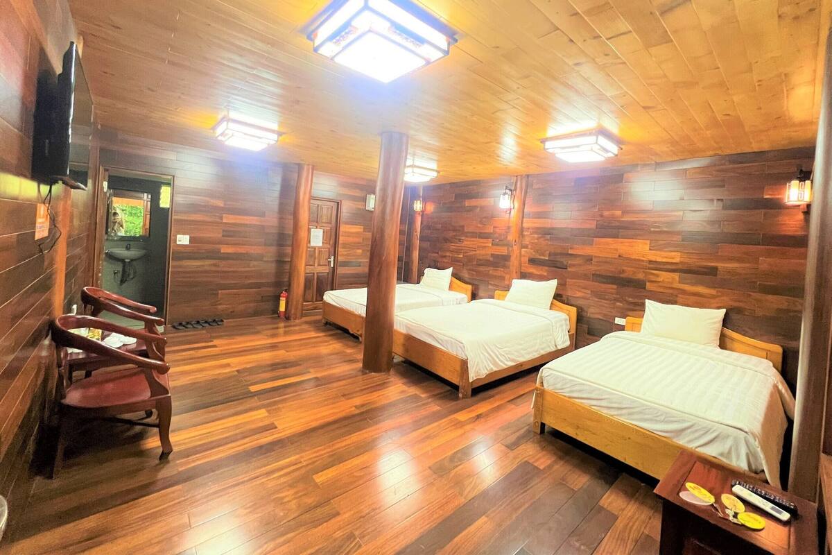 Habitación con decoración de madera, dos camas, una silla, un lavabo y un televisor.