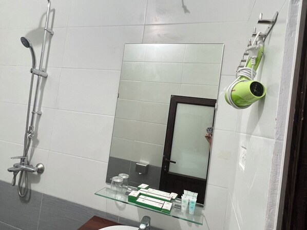 Ein Badezimmer mit einer Glasablage für Toilettenartikel, einer Dusche mit Duschbrausehandstück und einem Spiegel mit Tür.