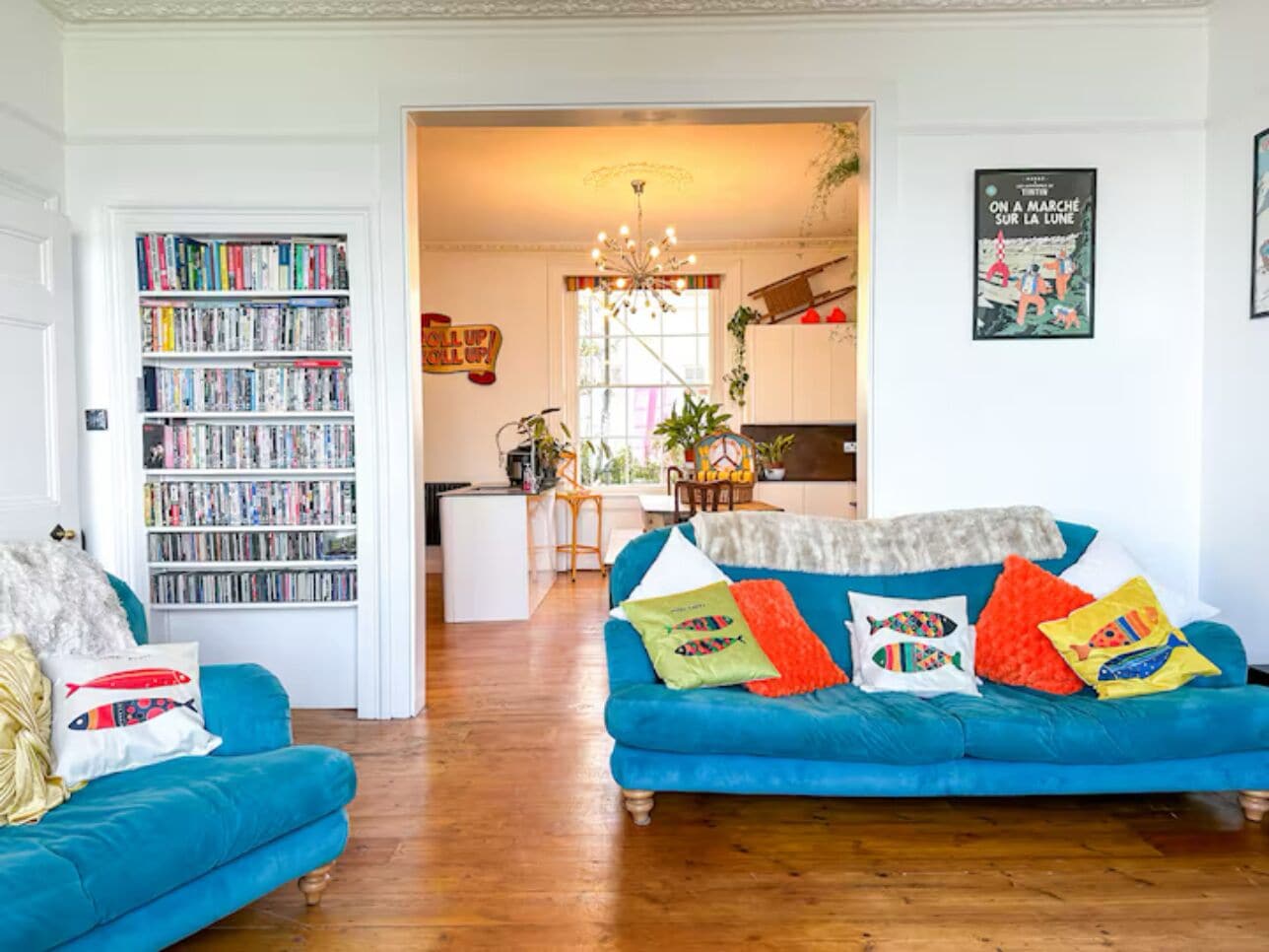 Smart TV, fireplace, books