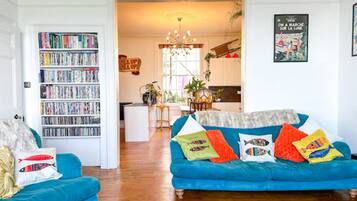 Smart TV, fireplace, books
