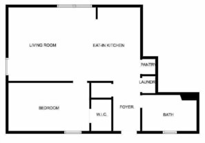 A floor plan with a living room, eat-in kitchen, bedroom, W.C., foyer, pantry, laundry, and bath.