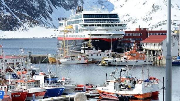 Un puerto con un gran crucero amarrado, rodeado de embarcaciones más pequeñas y un telón de fondo montañoso.