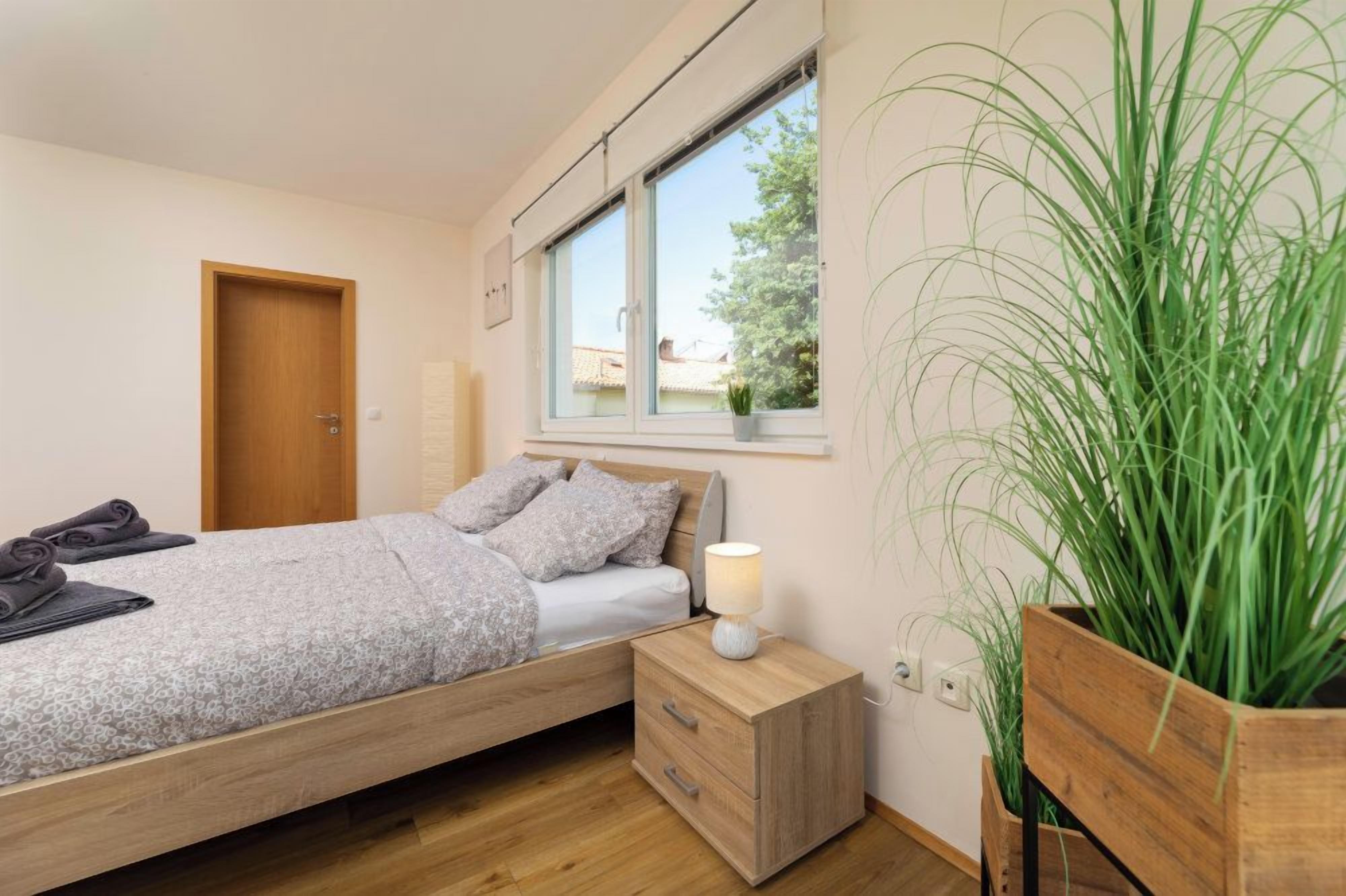 Un dormitorio con cama, una mesita de noche con lámpara, una mesita auxiliar de madera, una ventana con vistas a árboles y una planta en maceta.
