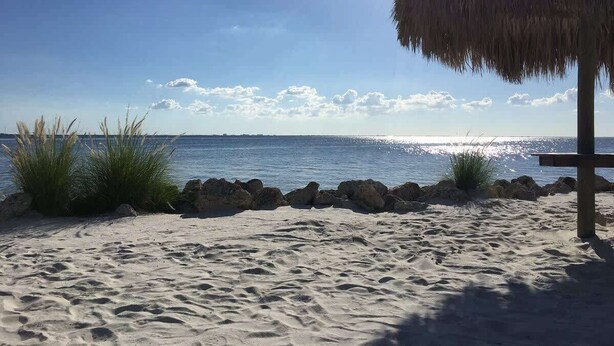 A beach with a thatched umbrella, sandy shore, and calm sea under a clear sky. - LA Kids Suite | Waterfront w/ Heated Pool Access (Tampa)