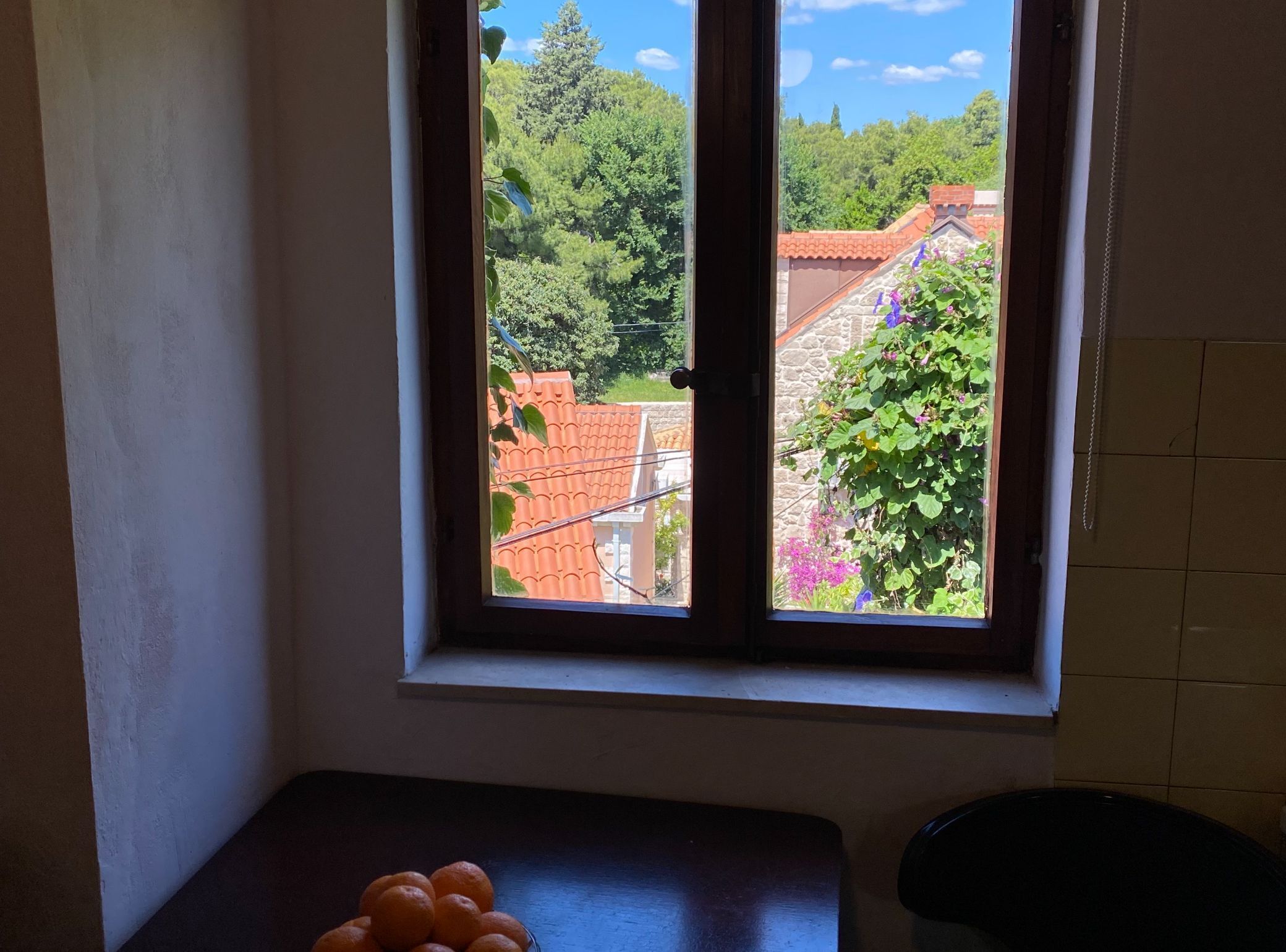 Une pièce avec une fenêtre donnant sur un jardin et un bâtiment dont les toits sont recouverts de tuiles rouges.