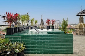 A rooftop pool area with a hot tub, surrounded by potted plants and a view of city buildings.
