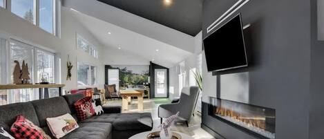 Télévision, cheminée, espaces bureaux