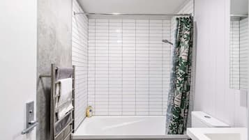Shower, hair dryer, towels, shampoo