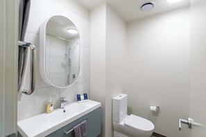 Shower, hair dryer, towels