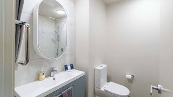 Shower, hair dryer, towels, shampoo