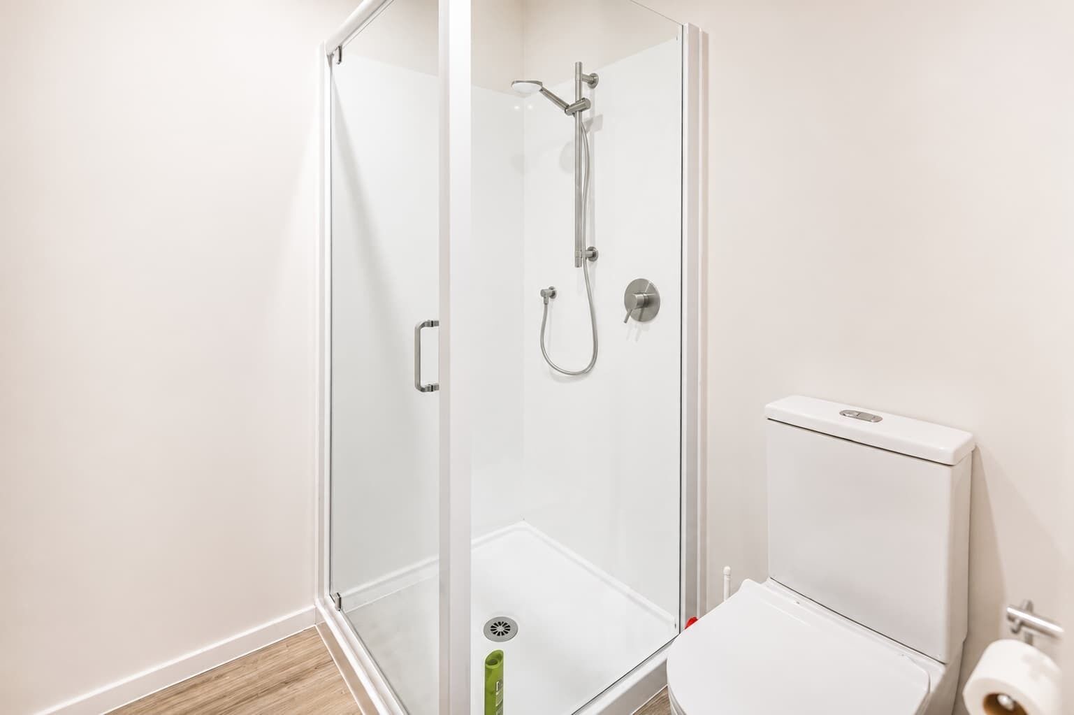 Shower, hair dryer, shampoo