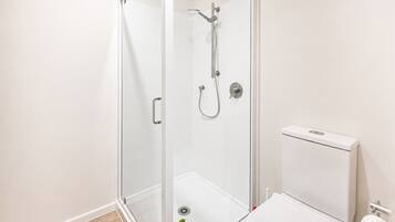 Shower, hair dryer, shampoo