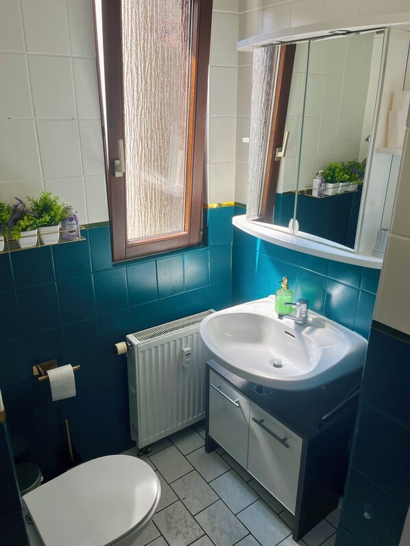 Een douche, een haardroger, handdoeken, zeep