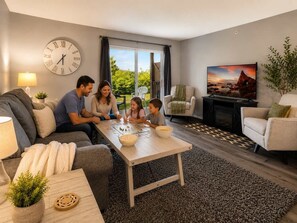 Una sala de estar con un sofá, una mesa de centro, un televisor y un reloj.