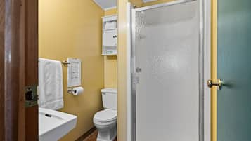 Un baño con inodoro, lavamanos y ducha.