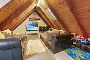 Televisión, chimenea, libros