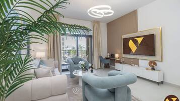 Luxury Apartment, Balcony, Pool View | Living area | 65-inch Smart TV with cable channels