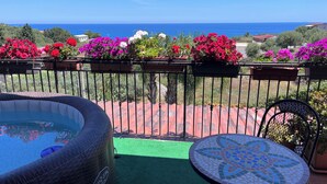 A balcony with a hot tub, a small table, and potted flowers.