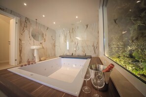 Shower, jetted tub, hair dryer, bidet