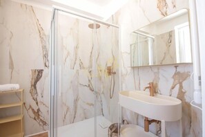 Shower, hair dryer, bidet, towels