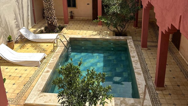 A pool area with lounge chairs, a palm tree, and potted plants. - RIAD Beautiful Places  (Tahannaout)