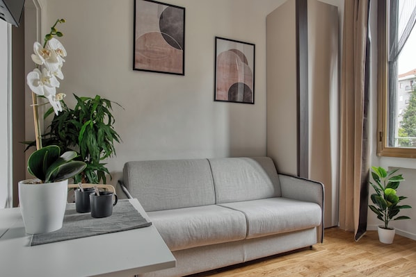 Comfort-studio, kaupunkinäköala | Oleskelualue | 32–tuumainen LED-televisio, jossa digitaalikanavat
