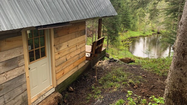 Une cabane avec un toit en métal et des murs en bois, située à côté d’un étang entouré d’arbres.