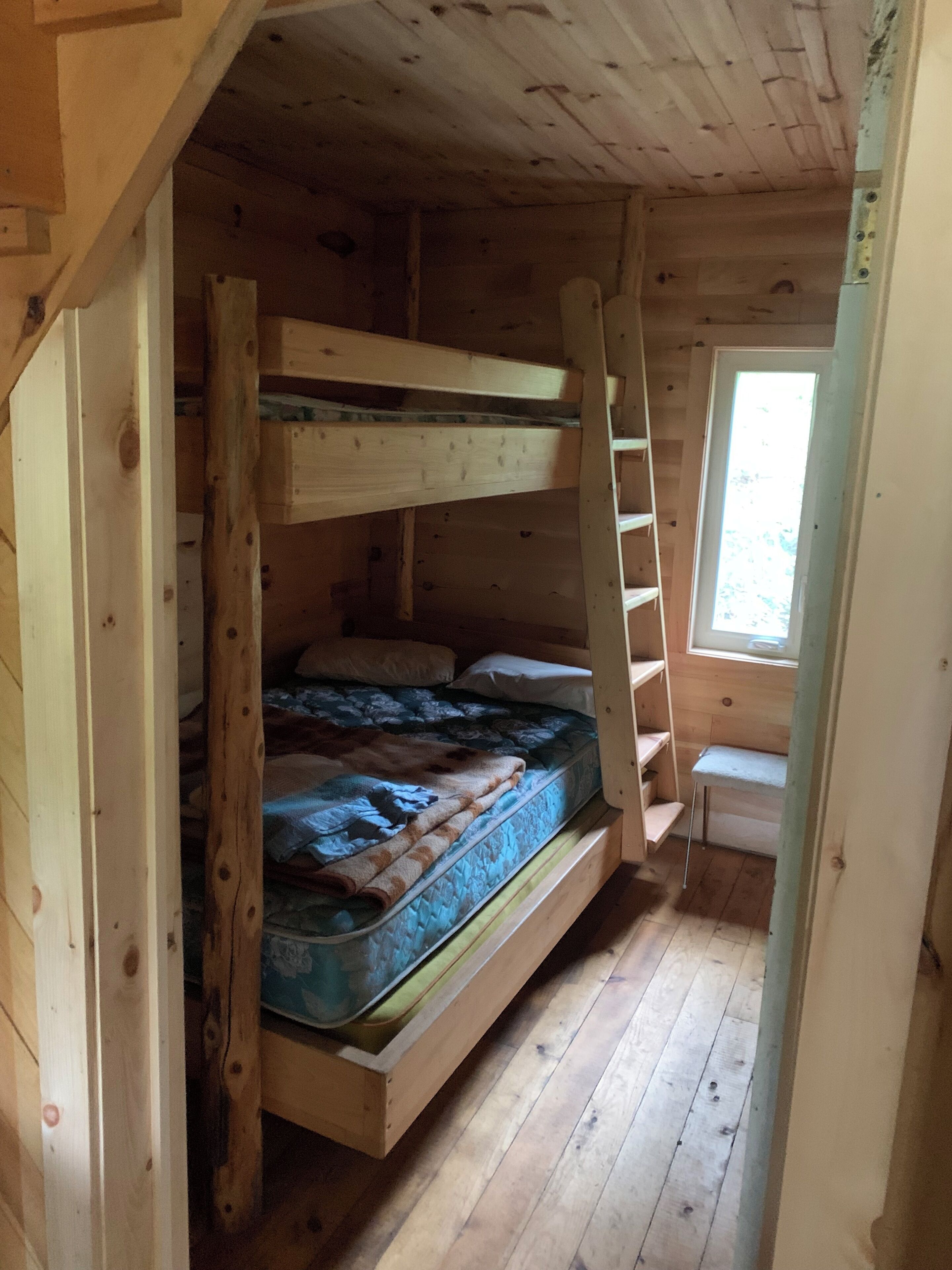 A bunk bed in a wooden cabin room with a window and a ladder.