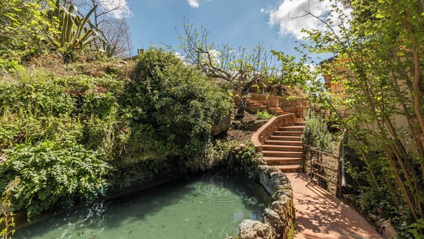 A stone staircase leading down to a clear water pool surrounded by lush greenery. - Villa Falcone (Piazza Armerina)