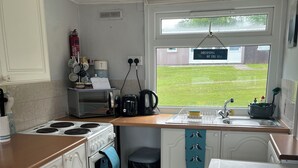 Une cuisine compacte équipée d’une cuisinière, d’un four à micro-ondes et d’un évier. Une fenêtre donne sur une cour verdoyante.