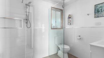 Shower, hair dryer, soap, toilet paper