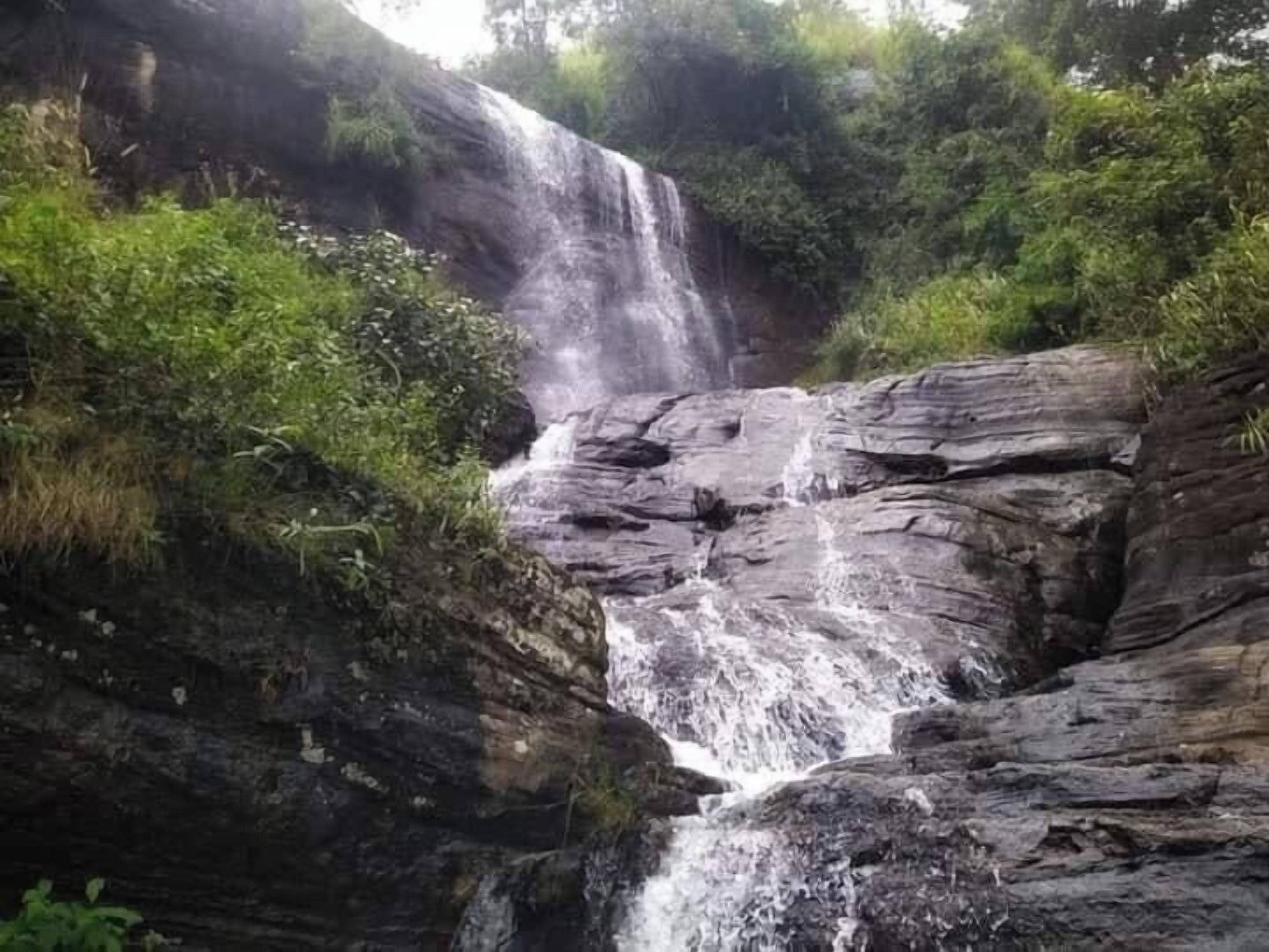 Uma cascata deságua sobre um penhasco rochoso, rodeada por vegetação exuberante.