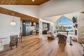 TV, fireplace, offices - Someday Cottage, Luxury Lakefront Views for 6 withPool & Billiards! (Dandridge)