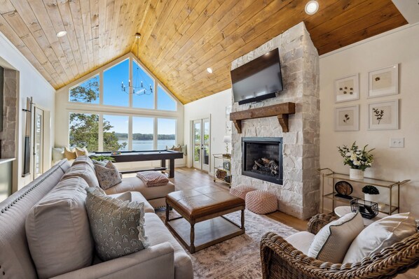 TV, fireplace, offices - Someday Cottage, Luxury Lakefront Views for 6 withPool & Billiards! (Dandridge)