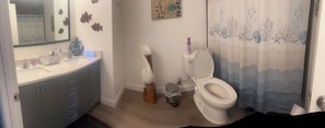 Douche, sèche-cheveux, serviettes fournies, savon